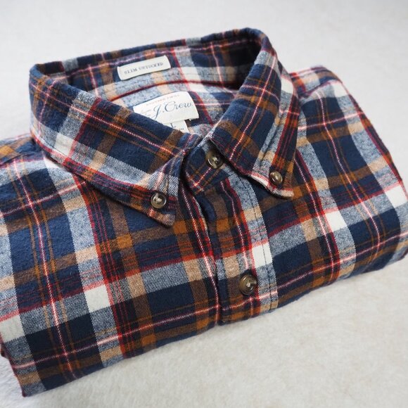 J.Crew men's flannel, Large, slim untucked, Blue/Red/Orange Plaid - Picture 6 of 7